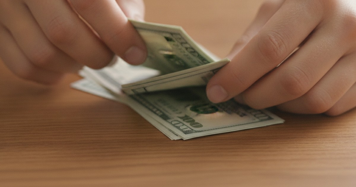 Close-up of hands counting a small stack of cash on a table