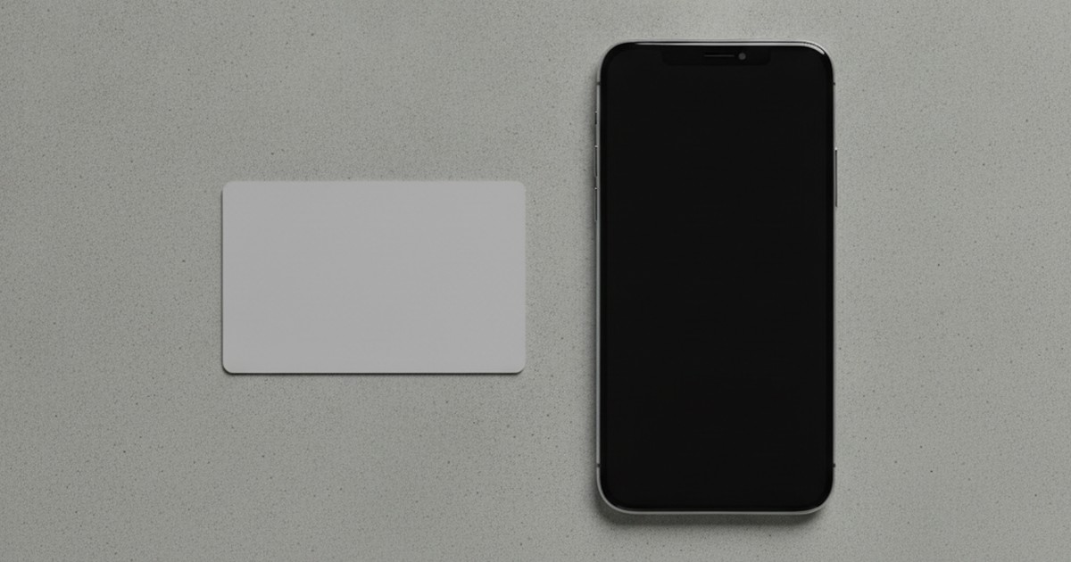 Overhead view of a plain debit card next to a smartphone