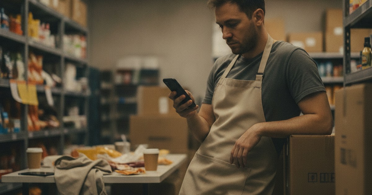 Retail worker checking a phone during a break in a stockroom