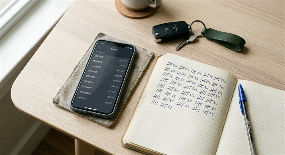 Phone showing many small irregular deposits beside a handwritten tally