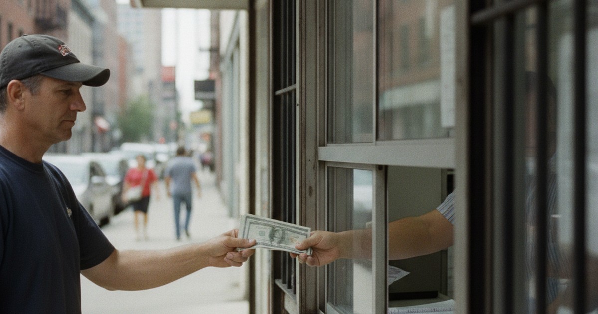 Customer exchanging cash at a walk-up check-cashing window