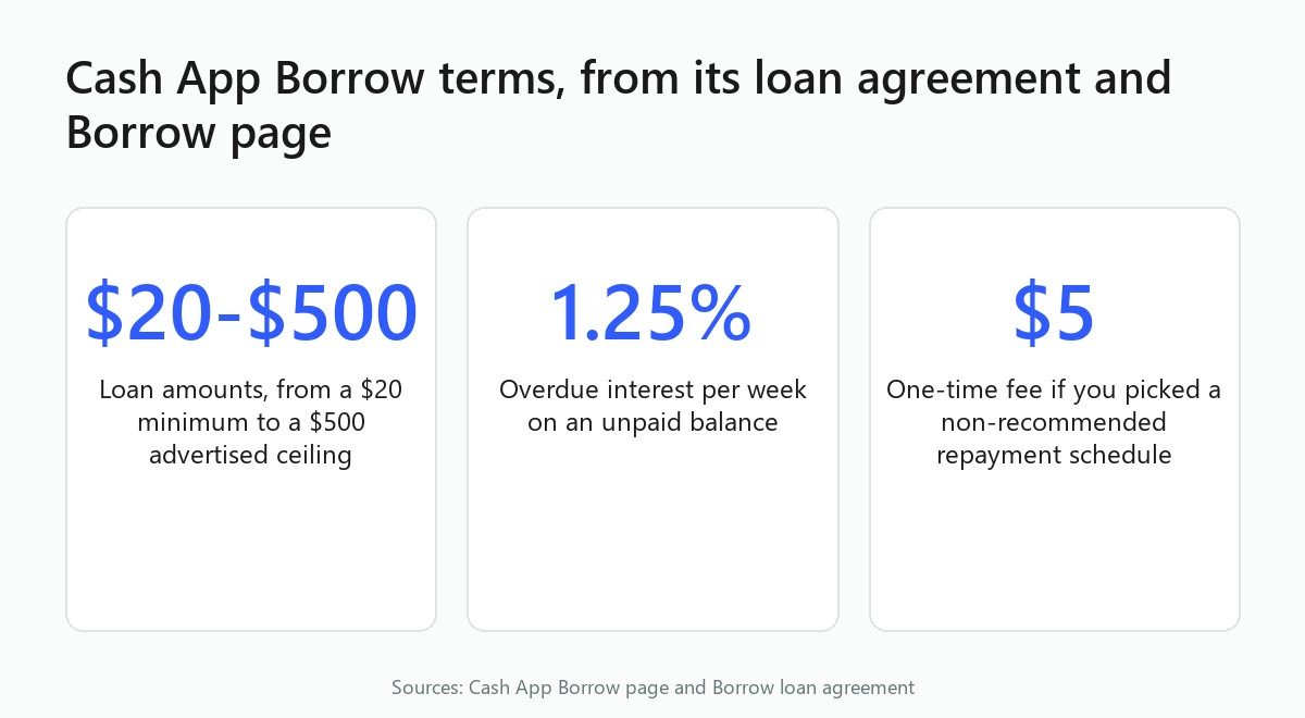 Stat cards: Cash App Borrow loans of $20 to $500, 1.25% weekly overdue interest, a possible $5 fee