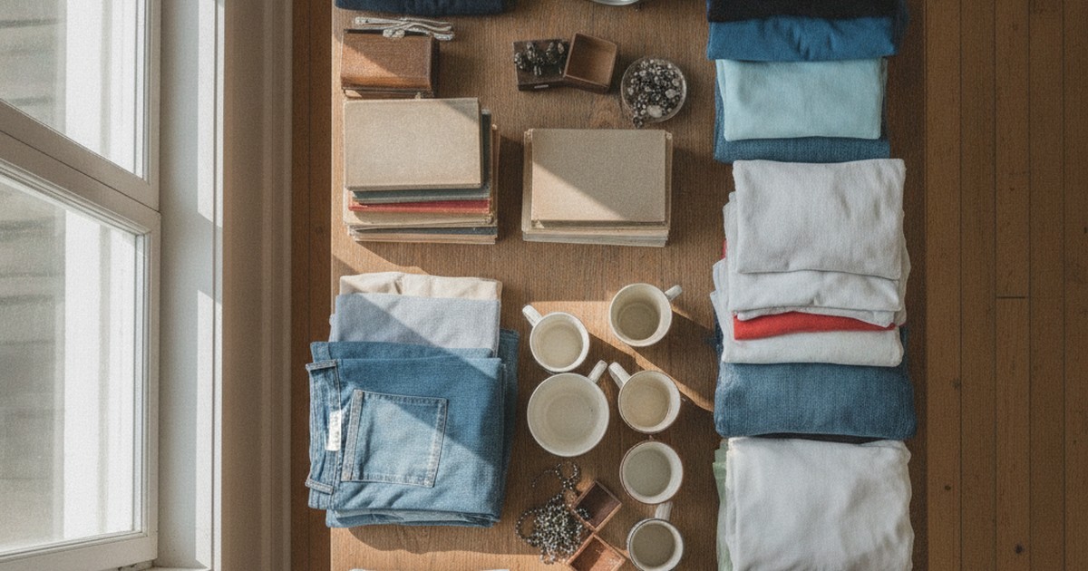 Overhead view of items being organized for a yard sale