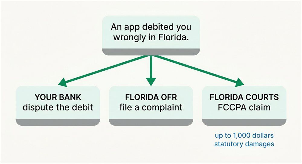 Three routes for a Florida worker to complain about a wrongful app debit