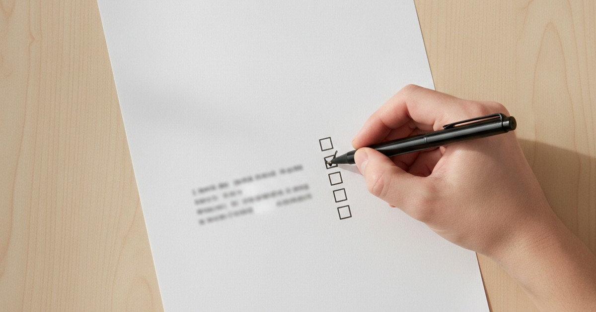 Overhead view of a hand checking items on a paper checklist