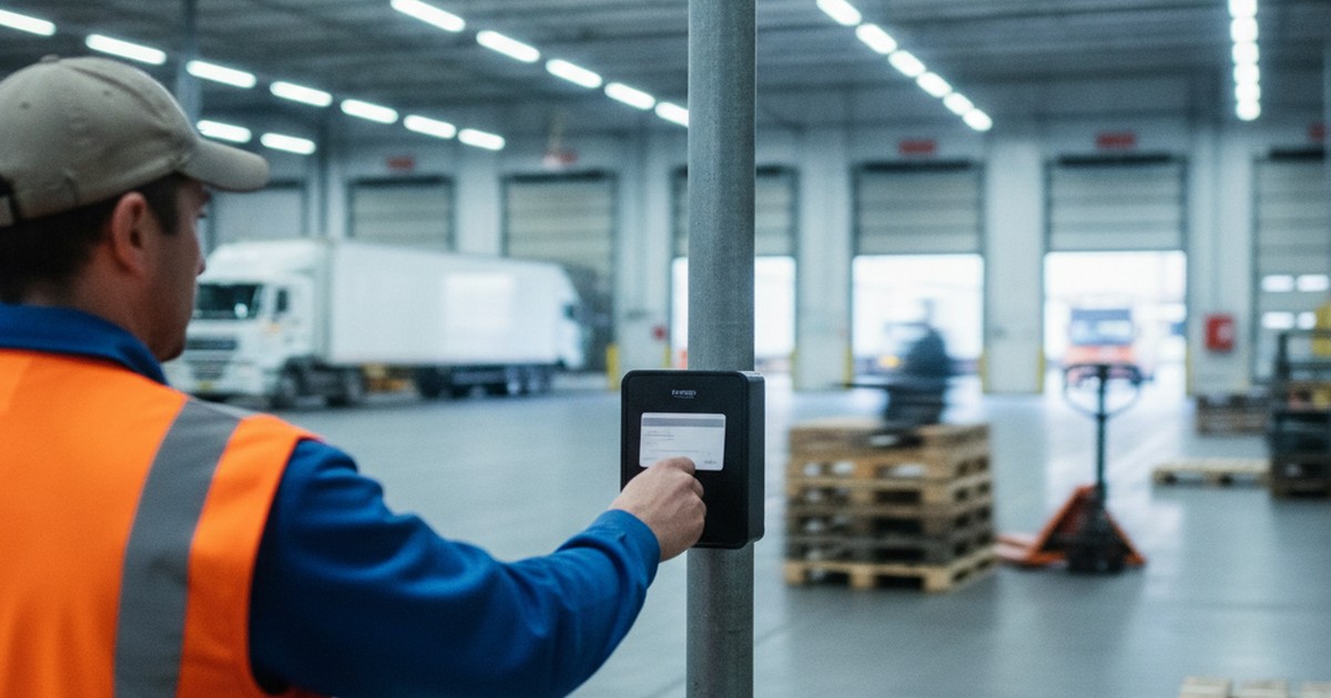 Warehouse worker badging in at a time clock near a loading dock