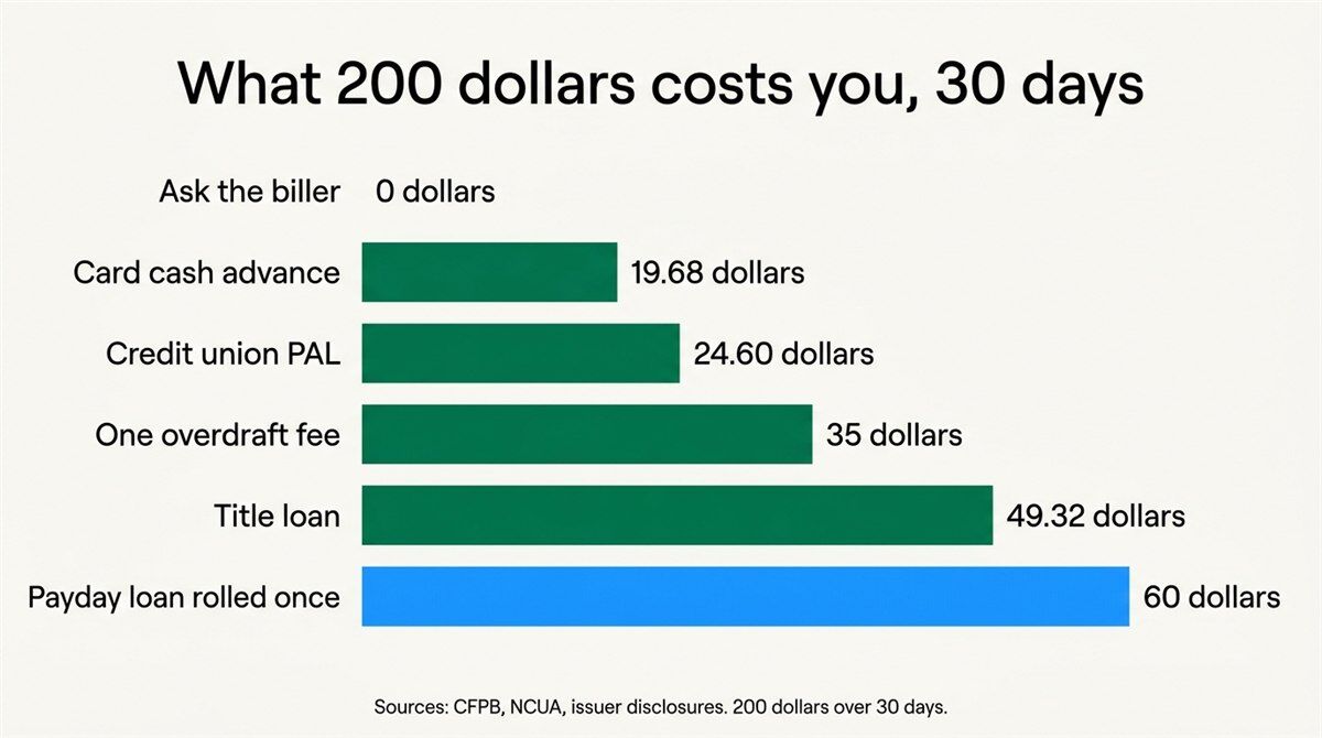 Cost of borrowing 200 dollars for 30 days across six options, cheapest to most expensive
