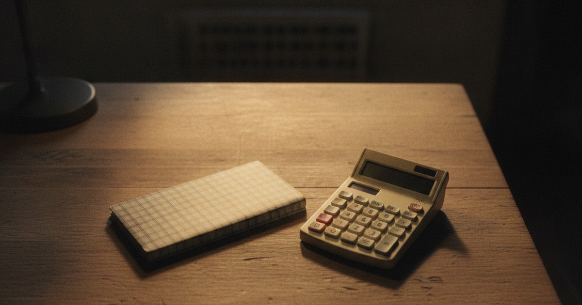 Overhead view of a checkbook and calculator under lamp light